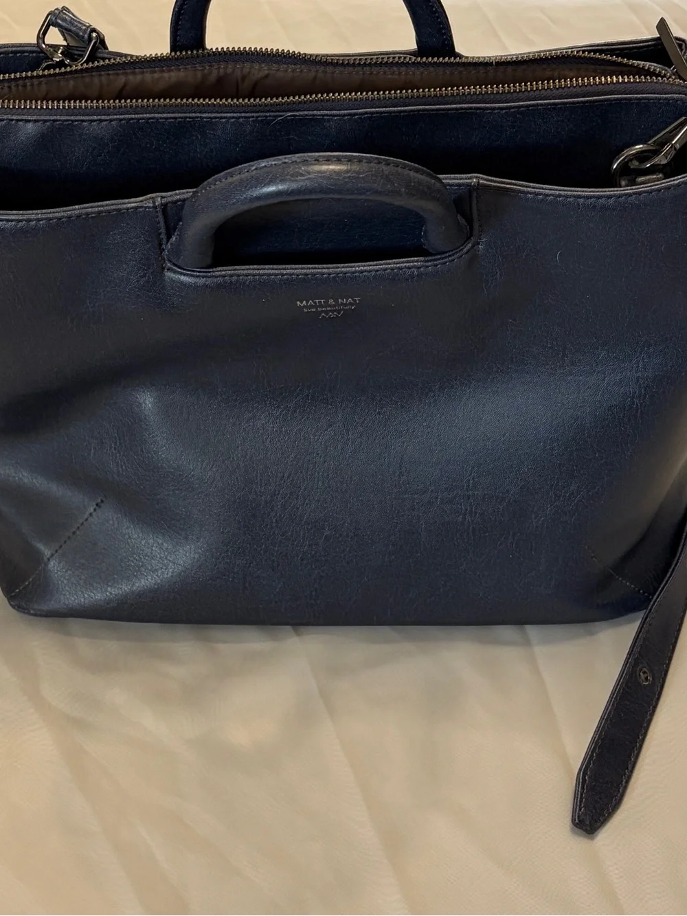 Matt & Nat Vegan Leather Navy Work Tote Shoulder Bag Adjustable Strap